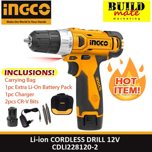 INGCO Li Ion Cordless Drill 12V Variable Speed LED Light Drilling