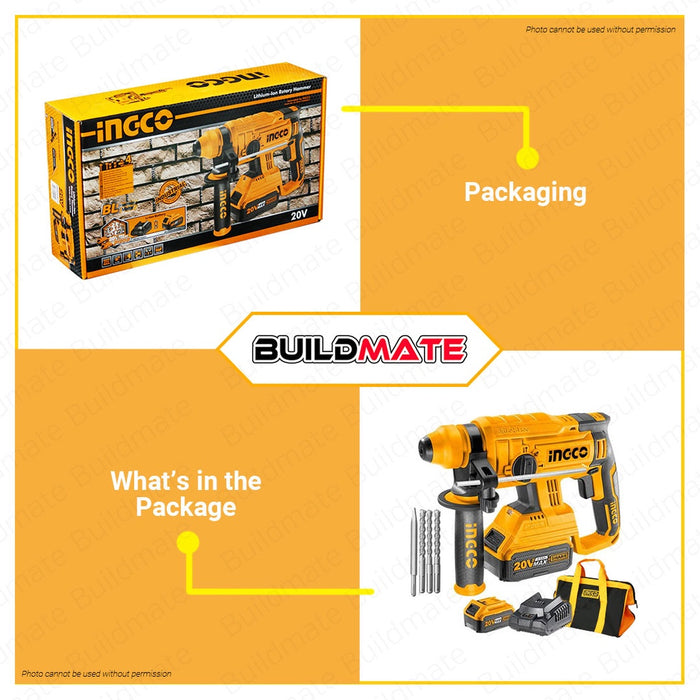 [SET] INGCO Li-Ion Cordless Brushless Rotary Hammer 20V BL Motor FREE Drill Chisel CRHLI22012 ICPT