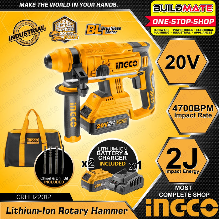 [SET] INGCO Li-Ion Cordless Brushless Rotary Hammer 20V BL Motor FREE Drill Chisel CRHLI22012 ICPT