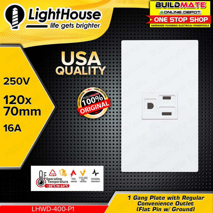 LIGHTHOUSE Electric 1 Gang Plate w/ Regular Convenience Outlet (Flat Pin w/ Ground) LHWD-400-P1 PHLH