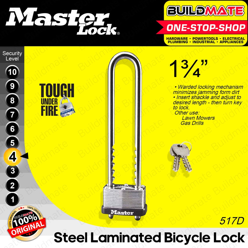 Master Lock Steelcor MASTER LOCK Steel Laminated Bike Bicycle Lock #517D 1-3/4'' 100% ORIGI ...