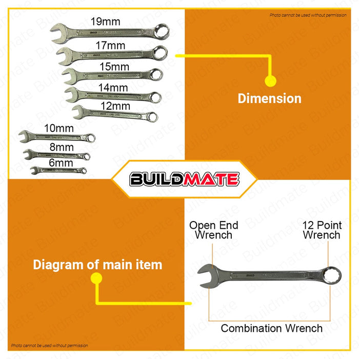 BUILDMATE Ingco 6pcs / 8pcs Combination Spanner Set Cr-V Heavy Duty Open-End and Ring Spanner Set Ratcheting Spanner Set - IHT