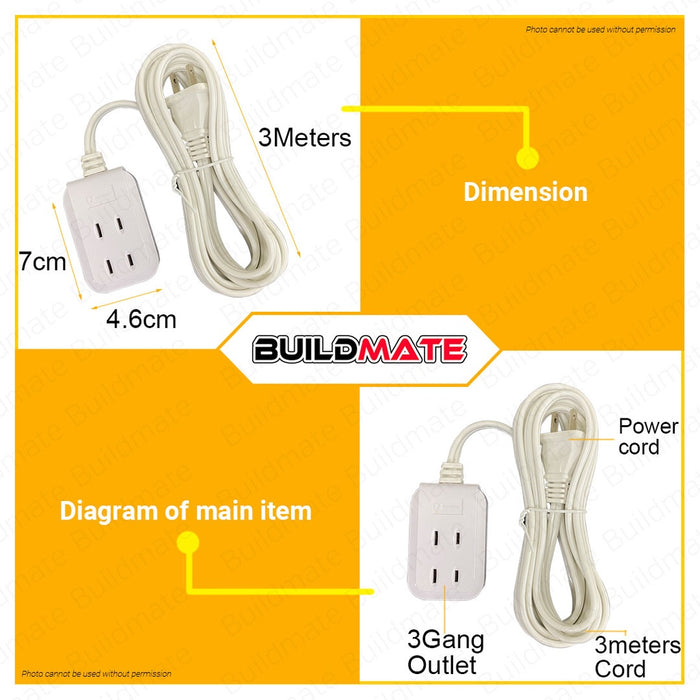 POWERHOUSE Electric 3 Meters 3 Gang Extension Cord Portable Socket Outlet Flat Pin PHEC-100-3M PWTA