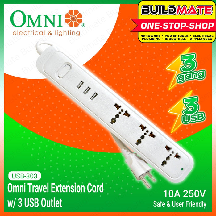 OMNI Travel Extension Cord with 3 USB Outlet Power Strip USB-303 •BUILDMATE•