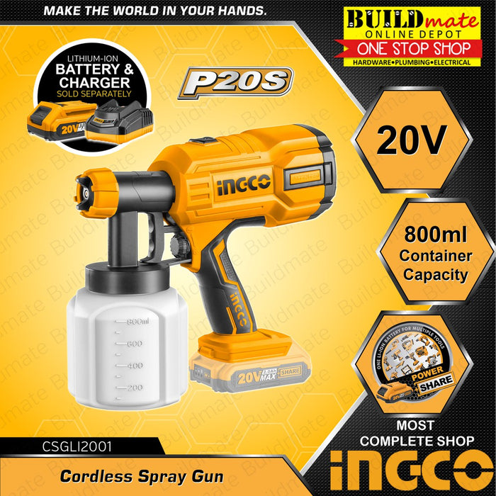 INGCO Cordless Paint Spray Gun Set Wireless 20V CSGLI2001 •BUILDMATE• ICPT
