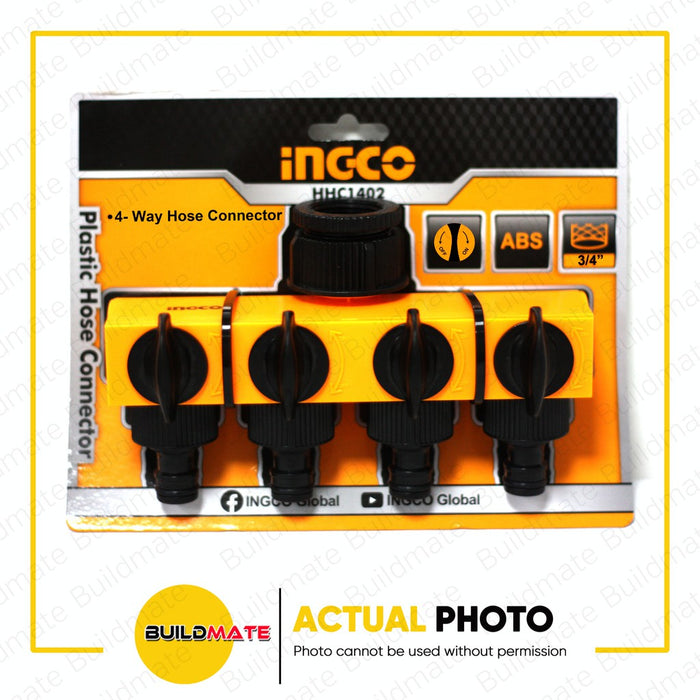 INGCO 4-Way Plastic Garden Hose Connector with Shut-off and Swivel Nut 1"-3/4" Reducer HHC1402 •BUILDMATE• IHT