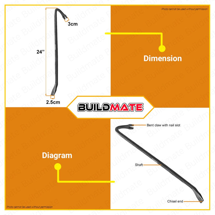 WADFOW Wrecking Bar 600mm 24" Inch Nail Puller End Gooseneck Wrecking Bar WQB1360 •BUILDMATE• WHT