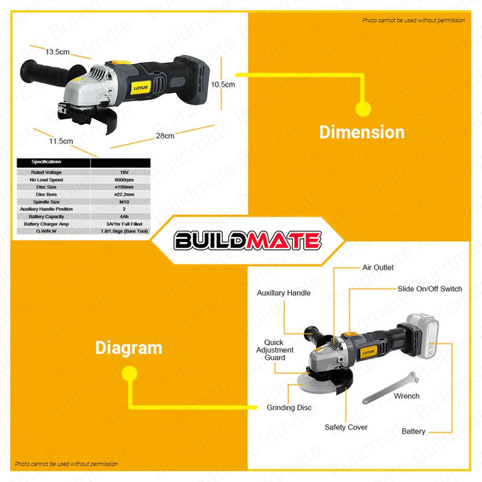 [BUNDLE] LOTUS Cordless Angle Grinder 18V with Battery And Charger LTSG18VLI + LTFC1800 + LTBP18G-2