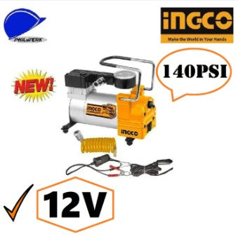 INGCO Auto Air Mini Compressor 140PSI Auto Air Compressor DC12V Total Power With Nozzle Tire Inflator Air Pump Auto Tire Pump AAC1408 | AAC1401 [SOLD PER SET] •BUILDMATE• IPT