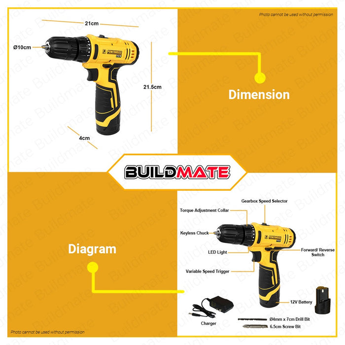 POWERHOUSE Cordless Drill / Driver 12V 10mm Drill Chuck 1.5Ah Li-Ion PH-12V-CDD10MM •BUILDMATE• PHPT