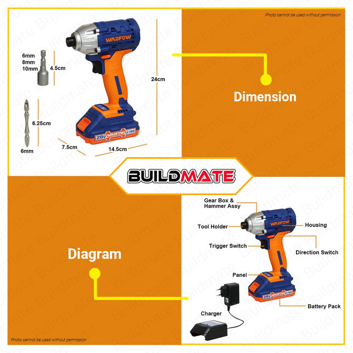 WADFOW Lithium-Ion Cordless Brushless Motor Impact Driver with 2x Battery & Charger 20V WCD2512 | WCPT