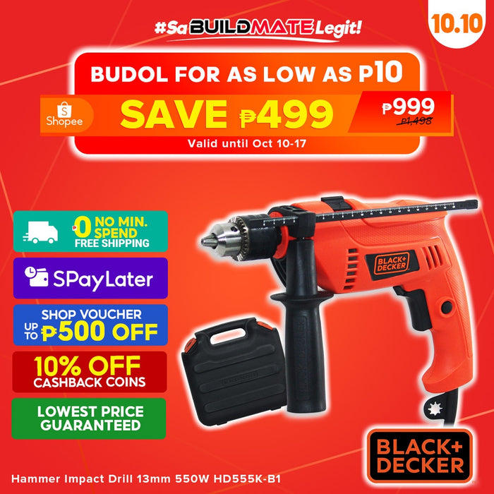 [10.10 BEST SELLER] Black & Decker Hammer Impact Drill 13mm 550W with Case HD555K-B1 •BUILDMATE•