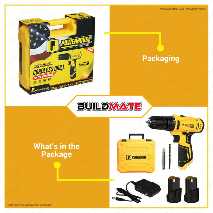 POWERHOUSE Cordless Drill / Driver 12V 10mm Drill Chuck 1.5Ah Li-Ion PH-12V-CDD10MM •BUILDMATE• PHPT