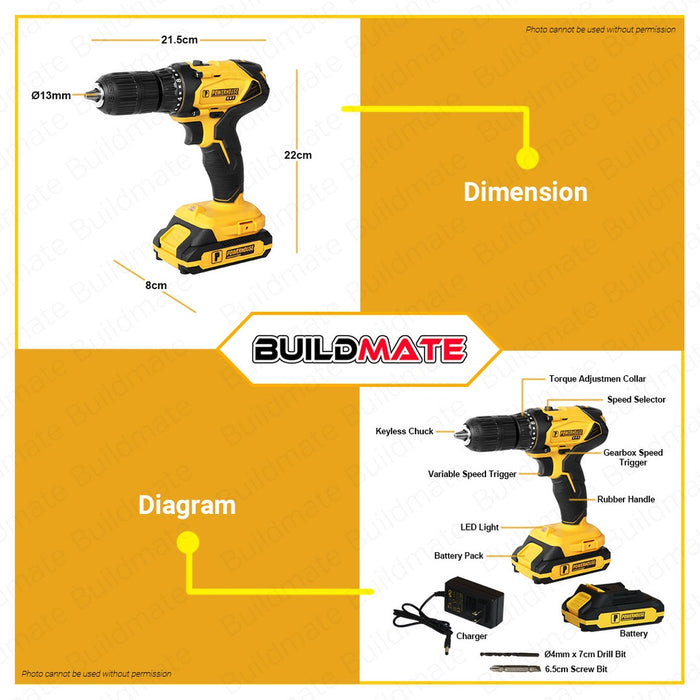 POWERHOUSE Cordless Drill / Driver 20V 13mm Drill Chuck 2.0Ah Li-Ion PH-20V-WLPRODRILL13MM | PHPT