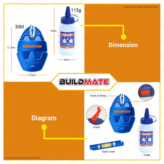 WADFOW Chalk Line Reel Set Pitik 30M With 113g Chalk Line Snap-Line Chalk-Rite WHX1630 BUILDMATE WHT