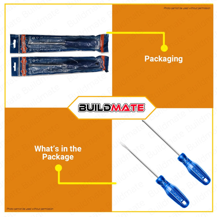 WADFOW Slotted 8mm | Phillips 150mm 40CR Round Shank Screwdriver Flathead Screw Driver BUILDMATE WHT
