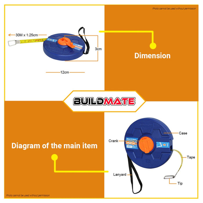 WADFOW Steel Measuring Tape Measure 30M x 12.5MM Measuring Meter Metric WMT3530 •BUILDMATE• WHT