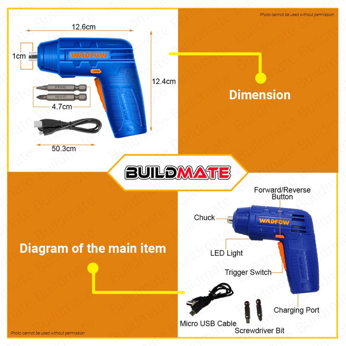 BUILDMATE Wadfow Lithium-Ion Cordless Screwdriver 4V Rechargeable Handheld Cordless Driver Tool Kit WCV4401 / WCV4404 - WCPT