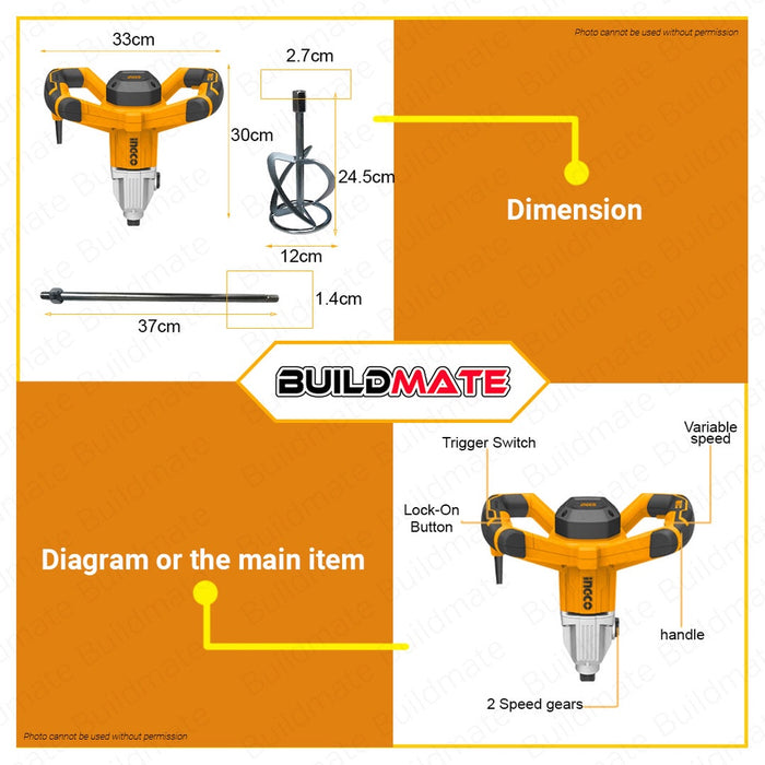 INGCO Electric Mixer 1400W W/ Mixing Pad Multi-functional Mixer For Concrete MX214008P BUILDMATE IPT
