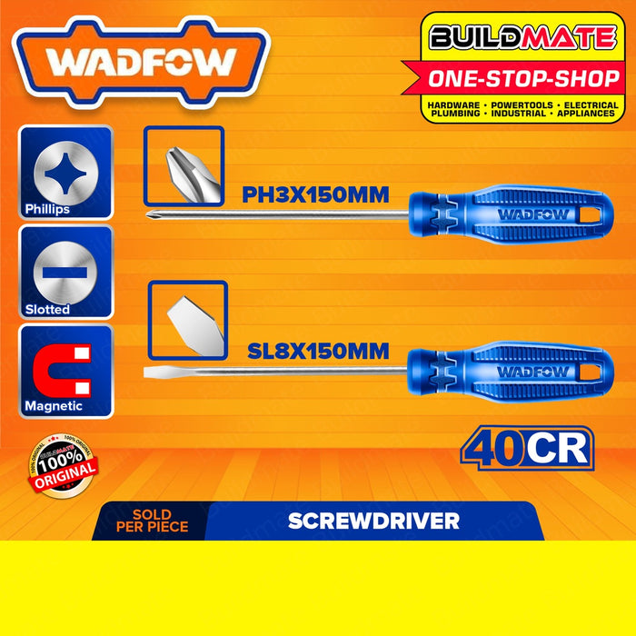 WADFOW Slotted 8mm | Phillips 150mm 40CR Round Shank Screwdriver Flathead Screw Driver BUILDMATE WHT