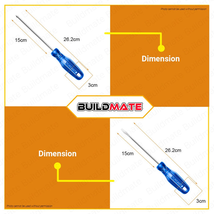 WADFOW Slotted 8mm | Phillips 150mm 40CR Round Shank Screwdriver Flathead Screw Driver BUILDMATE WHT