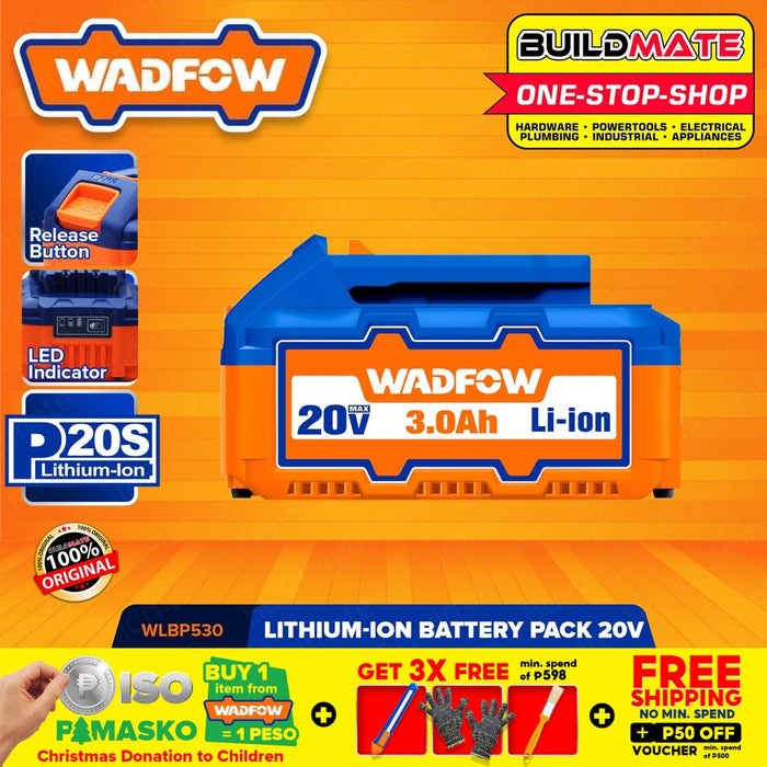 WADFOW Lithium-Ion Battery Pack 20V 3.0Ah Compact Battery LED Battery Power WLBP530 •BUILDMATE• WHT
