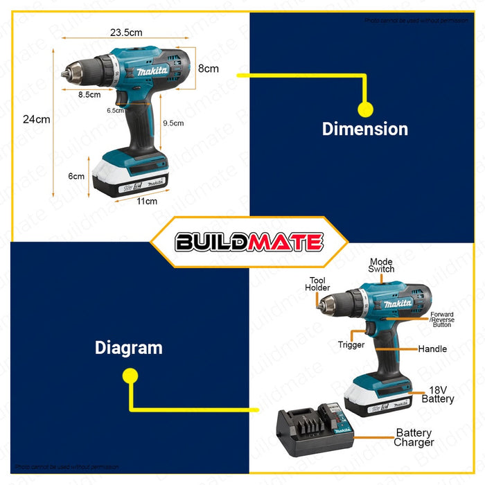 MAKITA 13mm Lithium-Ion Cordless Driver Drill W/ 18V Battery Electric Drill Set DF488D002 •BUILDMATE