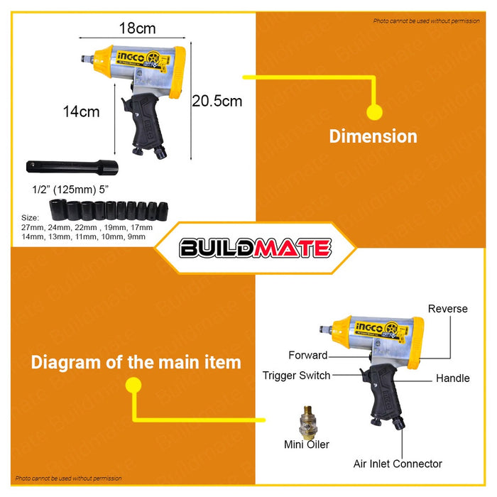 INGCO Air Impact Wrench Set 1/2" Inch Drive 90PSi Pneumatic Wrench Repair Tools Impact Wrench Tool For Car Wheel Repairing Durable Air Wrench AIW12312 •BUILDMATE• IPT