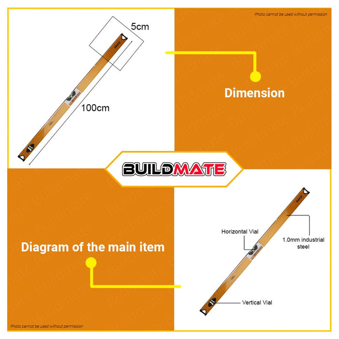 BUILDMATE Ingco 100CM Spirit Level Double Side Milled Leveling Aluminum Bubble Leveler Box Tool HSL58100 - IHT