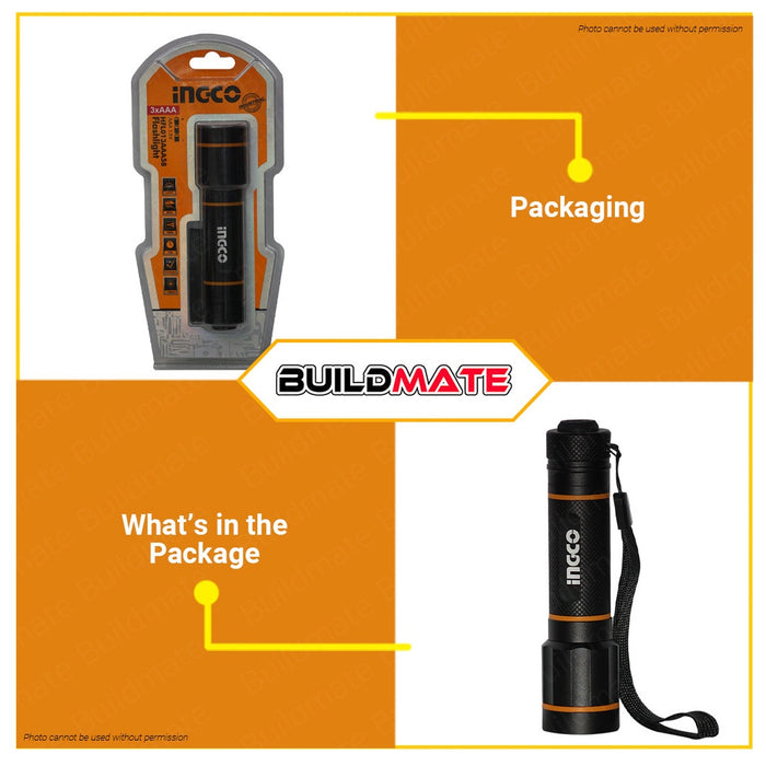 INGCO Industrial LED Flashlight 200 Lumens | 250 Lumens IP64 160M 3AAA Alkaline Battery Flash Light Portable Work Light Handheld Emergency Flashlight HFL013AAA1 | HFL013AAA58 •BUILDMATE• HT2