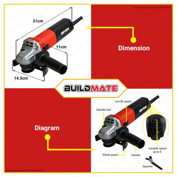 DEVON Industrial 900W 125mm Angle Grinder Variable Speed Electric Grinder 2828-9-125CE •BUILDMATE•