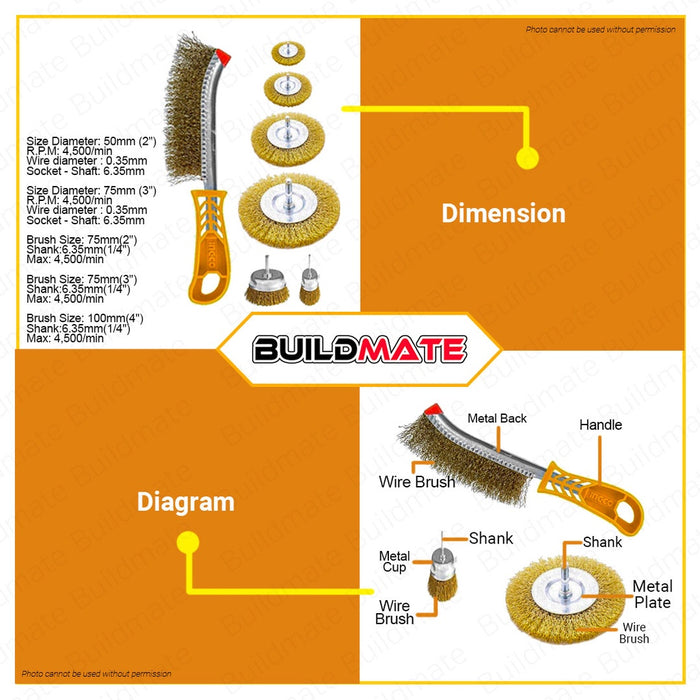 INGCO 7PCS Wire Brush Set Wire Cup Brush Crimped Brush Set Finishing Tools WB10071 •BUILDMATE• HT2