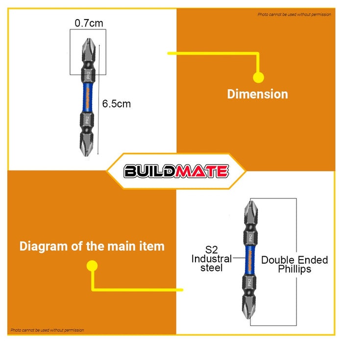 WADFOW 2PCS/SET Impact Screwdriver Bit 65mm PH2+PH2 | PH2+SL6 Impact Control Bit Set •BUILDMATE• WHT
