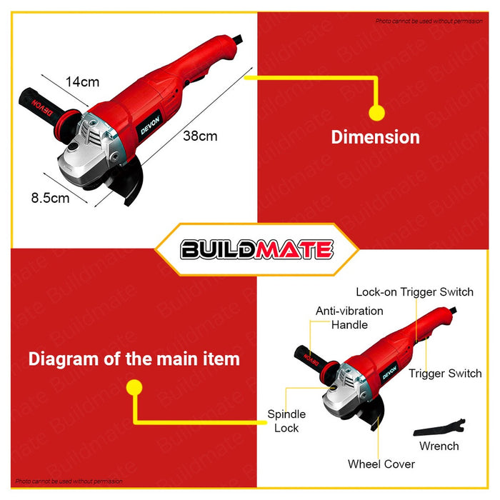 Devon Industrial 1400W 125mm Angle Grinder Electric Grinder Cutting Grinder Tools 2813 •BUILDMATE•