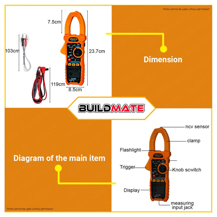 INGCO DC/AC Digital Clamp Meter with Flashlight 1000Amp 6000C Voltmeter DCM10005 •BUILDMATE• IPT