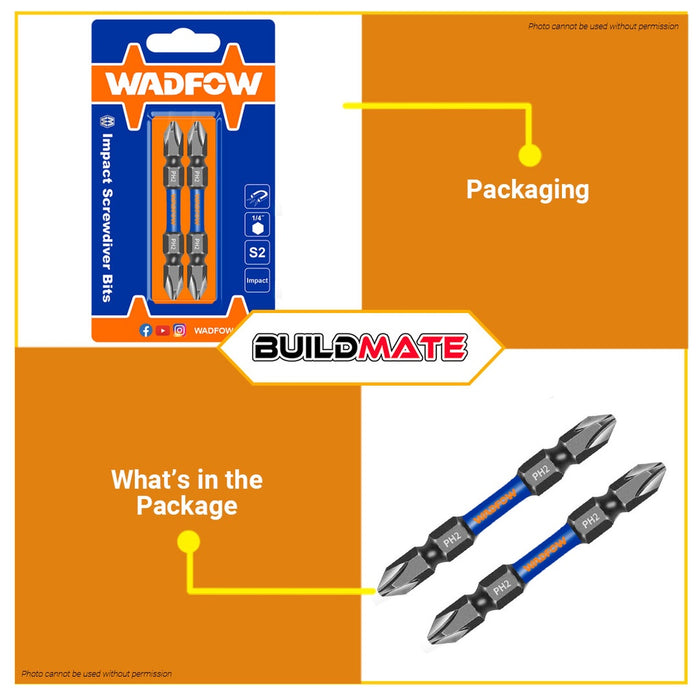 WADFOW 2PCS/SET Impact Screwdriver Bit 65mm PH2+PH2 | PH2+SL6 Impact Control Bit Set •BUILDMATE• WHT