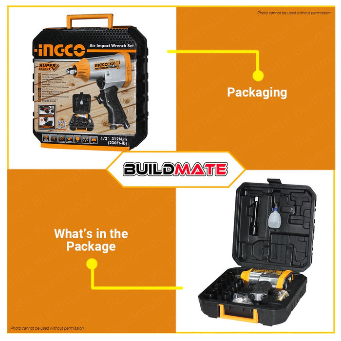 INGCO Air Impact Wrench Set 1/2" Inch Drive 90PSi Pneumatic Wrench Repair Tools Impact Wrench Tool For Car Wheel Repairing Durable Air Wrench AIW12312 •BUILDMATE• IPT