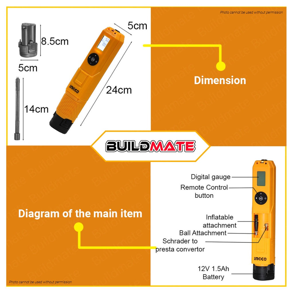 INGCO Lithium-Ion Cordless Auto Air Compressor 20V 150PSI Tire Inflato ...