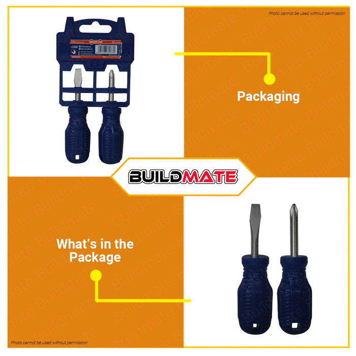 WADFOW 2pcs Screwdriver Set Flat & Philip Screw Driver Round Shank & Flathead WSS2202 •BUILDMATE WHT