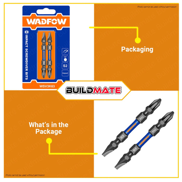 WADFOW 2PCS/SET Impact Screwdriver Bit 65mm PH2+PH2 | PH2+SL6 Impact Control Bit Set •BUILDMATE• WHT
