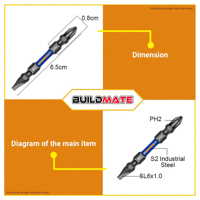 WADFOW 2PCS/SET Impact Screwdriver Bit 65mm PH2+PH2 | PH2+SL6 Impact Control Bit Set •BUILDMATE• WHT