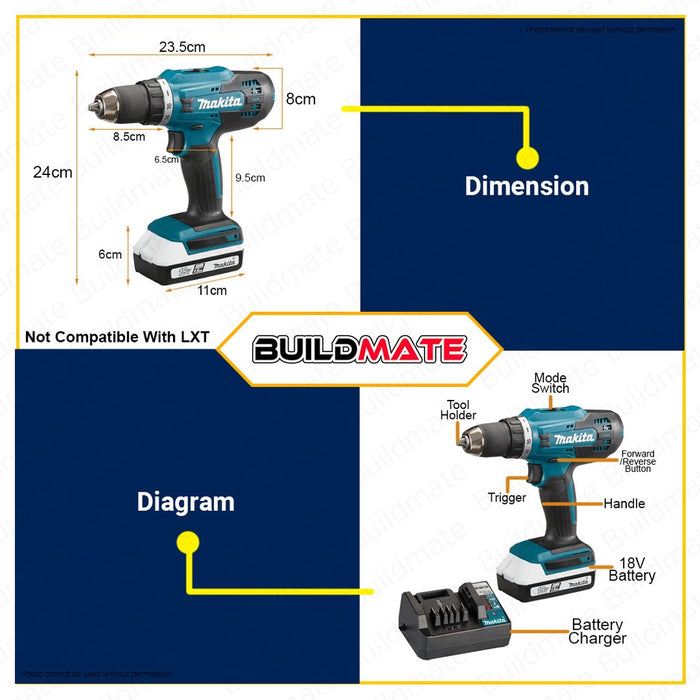 MAKITA 13mm 38NM Lithium-ion Cordless Driver Drill 18V With 2.0Ah Battery Set DF488D004 •BUILDMATE•