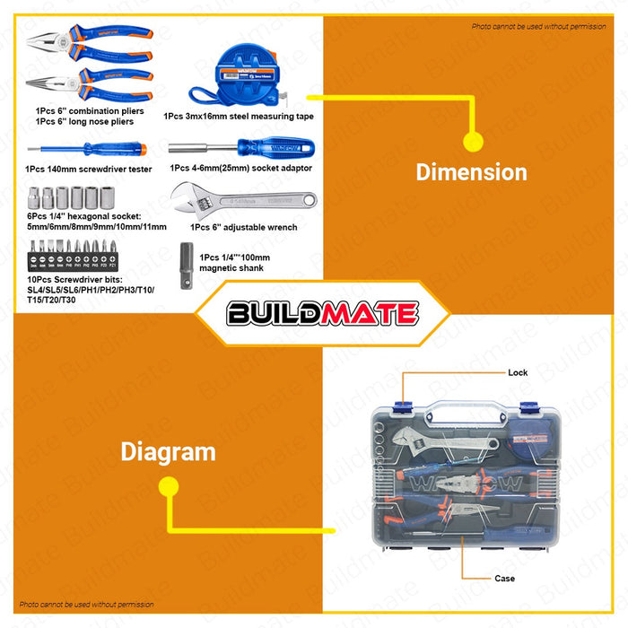WADFOW 23PCS Hand Tools Set Kit with Case General Household Repair Tool Kit WHS2B23 •BUILDMATE• WHT