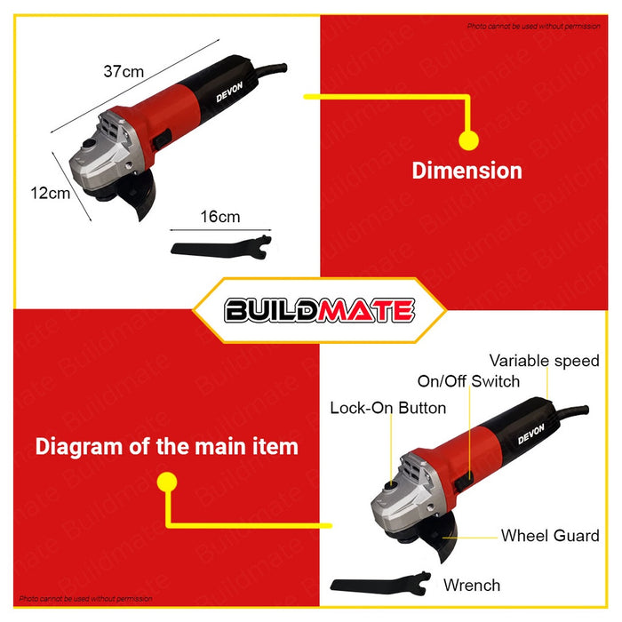 DEVON Industrial 900W 100mm Angle Grinder Variable Speed Electric Grinder 2828-9-100CE •BUILDMATE•