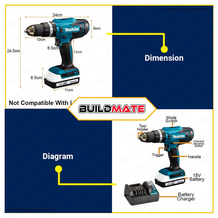 MAKITA Li-Ion Cordless Hammer Drill 13mm 1/2" 18V G-Battery Hammer Driver Drill HP488D002 •BUILDMATE