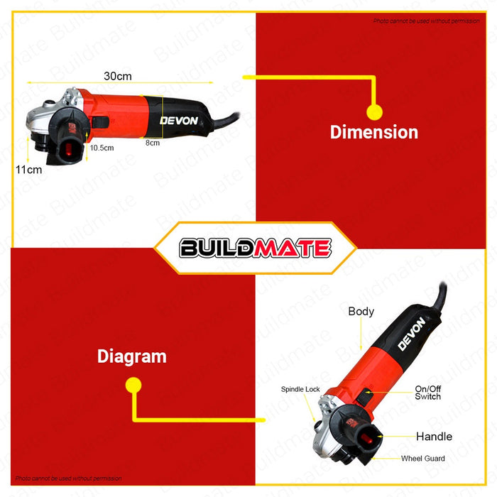 Devon Industrial 1010W 100mm Angle Grinder Electric Grinder Cutting Grinder Tools 2821 •BUILDMATE•