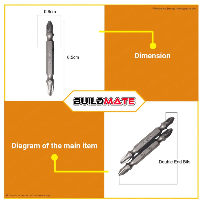 WADFOW Screwdriver Bit 2x PH2 65mm Double Ended Phillips Screw Bit Magnetic WSV0K12 •BUILDMATE• WHT