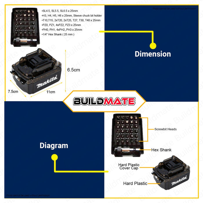 MAKITA 31PCS Screw Bit Set LXT With Battery Shape Case Screwdriver Bits Hand Tool B-69901 •BUILDMATE