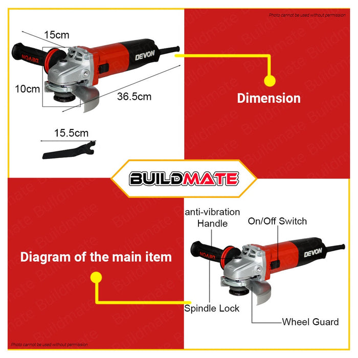 Devon Industrial 1010W 125mm Angle Grinder Electric Grinder Cutting Grinder Tools 2822 •BUILDMATE•