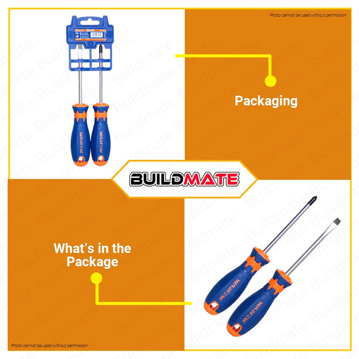 WADFOW 2PCS Screwdriver Set Flat & Philip Screw Driver Round Shank & Flathead WSS1302 •BUILDMATE WHT